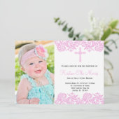 Pink Damask Christening Baptism Invitation (Debout devant)