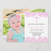 Pink Damask Christening Baptism Invitation (Devant / Derrière)