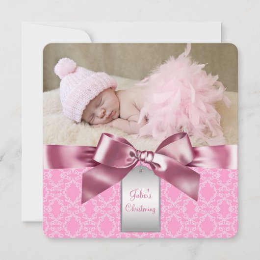 Pink Damask Christening Kaart (Voorkant)