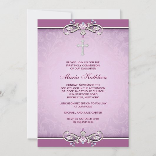 Pink Damask Cross First Communion Invitation (Devant)