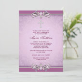 Pink Damask Cross First Communion Invitation (Debout devant)