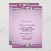 Pink Damask Cross First Communion Invitation (Devant / Derrière)