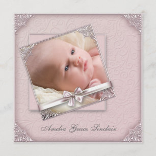 Pink Damask Girl Photo Faire-part de naissance