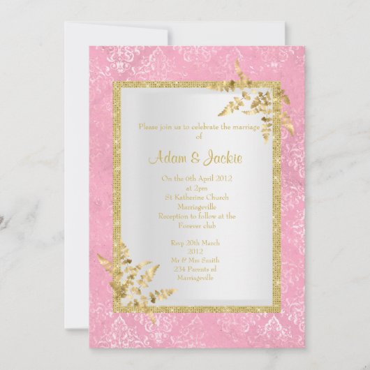 PINK DAMASK GOLD LEAF ELEGANT CLASSY WEDING KAART (Voorkant)