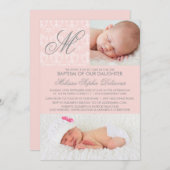 Pink Damask Monogramme Baptême Photo Invitation (Devant / Derrière)