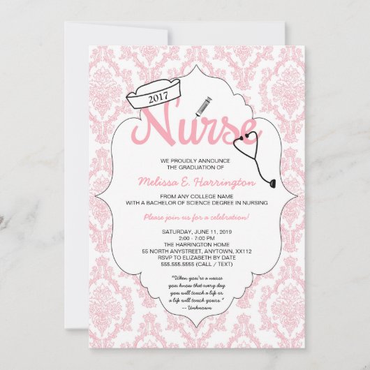 Pink Damask Nurse afstuderen pinning uitnodiging (Voorkant)