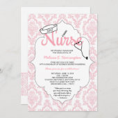 Pink Damask Nurse afstuderen pinning uitnodiging (Voorkant / Achterkant)