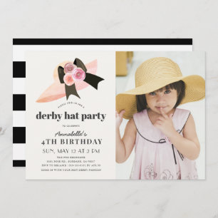 Pink Derby Pet Roos 1st Birthday Party Photo Invit Kaart