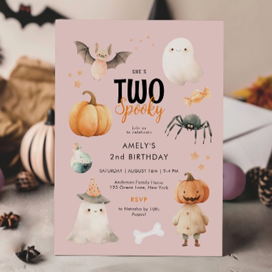 Pink Deux Éffrayantes Fille Halloween Invitation A