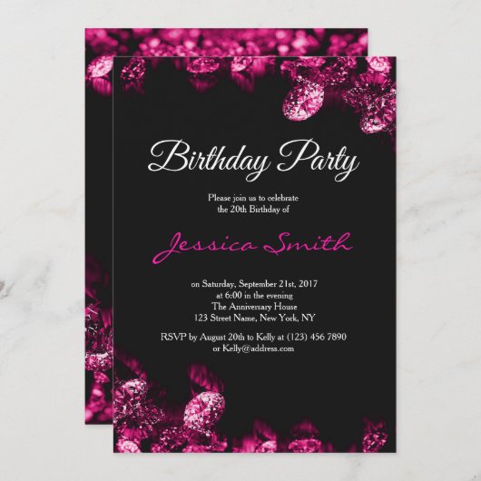 Pink Diamond Birthday Party Invite Kaart (Voorkant / Achterkant)
