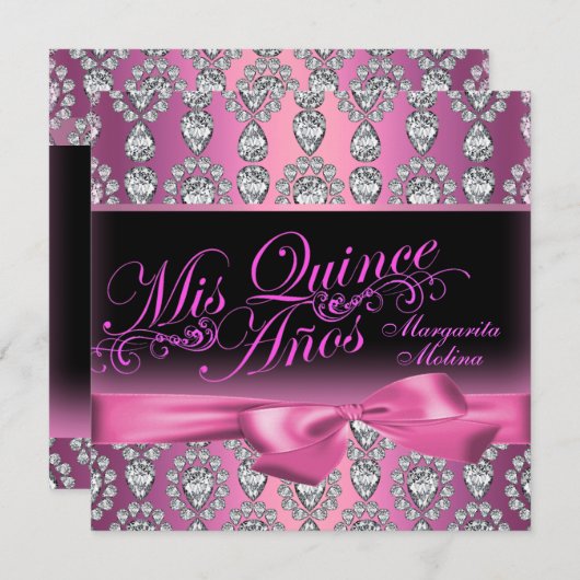 Pink Diamond & Bow Quinceanera Uitnodiging (Voorkant / Achterkant)