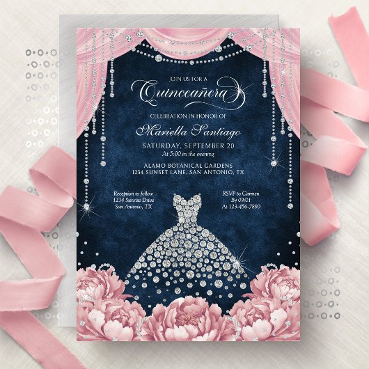 Pink Diamond Floral Quinceanera Invitation
