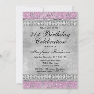 Pink Diamonds Birthday Invitation Velvet Silver Kaart