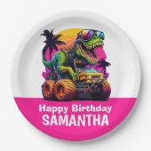 PINK Dino-Mite MONSTER TRUCK Verjaardagsfeest Papieren Bordje (Voorkant)