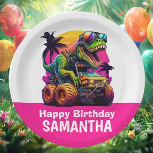 PINK Dino-Mite MONSTER TRUCK Verjaardagsfeest Papieren Bordje