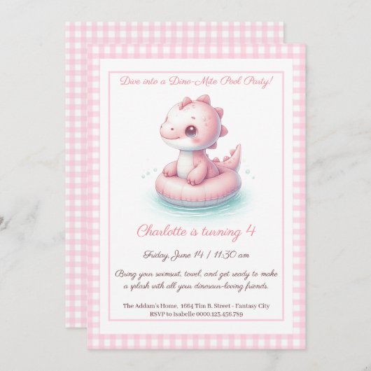 Pink Dino Pool Party - Invitation d'anniversaire (Devant / Derrière)