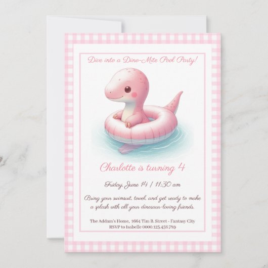 Pink Dino Pool Party - Invitation d'anniversaire (Devant)