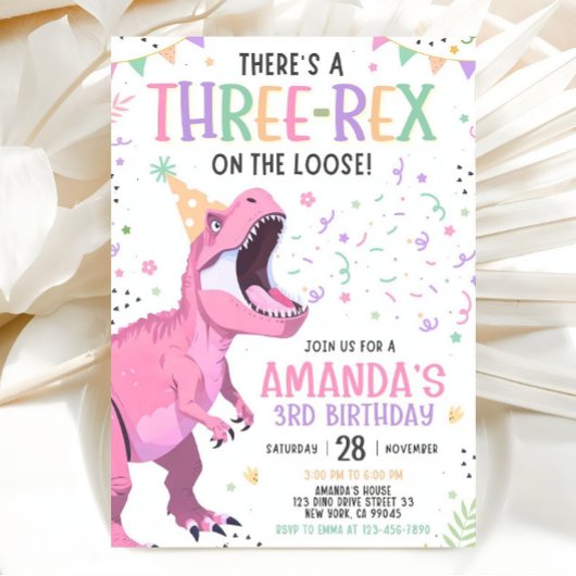 Pink Dinosaur Birthday Invitation Editable Three 3 Kaart
