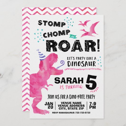 Pink Dinosaur Birthday Uitnodiging (Voorkant / Achterkant)