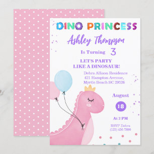 Pink Dinosaur Princess Girls TRex Birthday Party Kaart