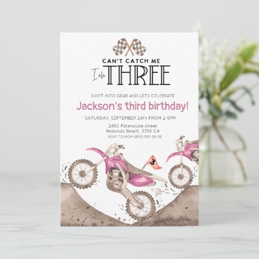 Pink Dirt Bike 3rd birthday - Cant catch me Kaart (Staand voorkant)
