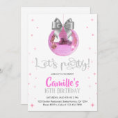 Pink Disco Ball | Silver bow Birthday  Kaart (Voorkant / Achterkant)
