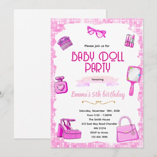 Pink doll party invitation (Devant / Derrière)