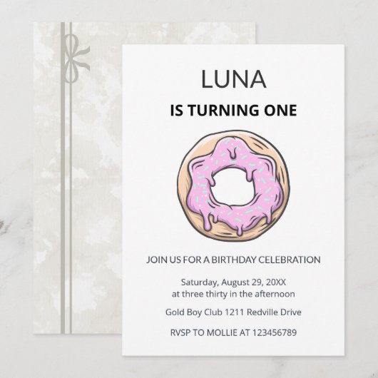 Pink Donut 1st Birthday Invitation Girl (Devant / Derrière)