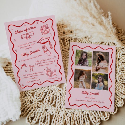 Pink Doodle Afstuderen Aankondiging Meisje 4 Foto'