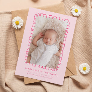 Pink Doodle Lijst Geboorteaankondiging Foto Aankondiging