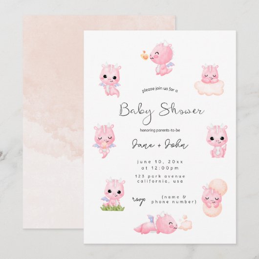 Pink Dragon Baby shower Invitation Kaart (Voorkant / Achterkant)