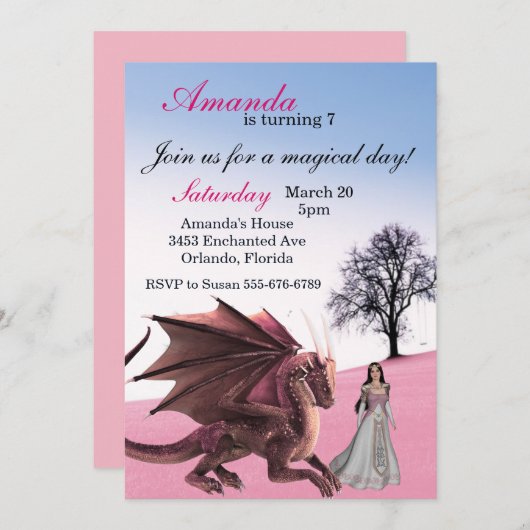 Pink Dragon Princess Magical Birthday Party Kaart (Voorkant / Achterkant)