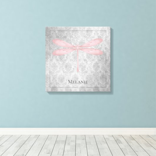 Pink Dragonfly Damask Canvas Afdruk (Insitu (Houten vloer))
