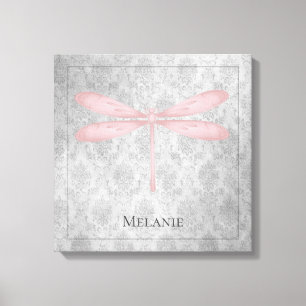 Pink Dragonfly Damask Canvas Afdruk