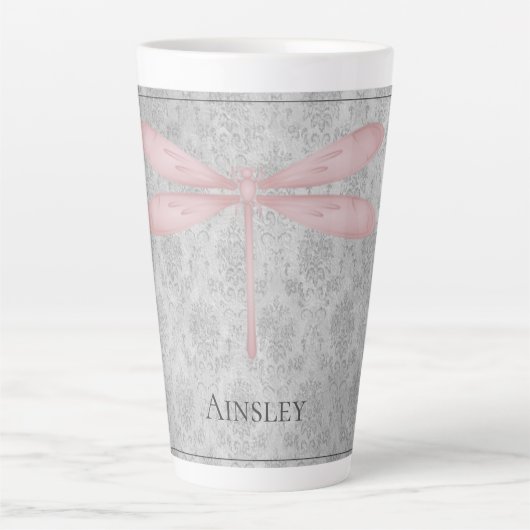 Pink Dragonfly Damask Latte Mok (Voorkant)