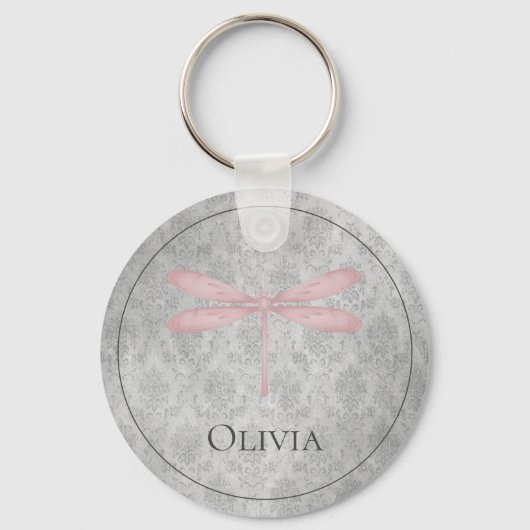 Pink Dragonfly Damask Sleutelhanger (Voorkant)