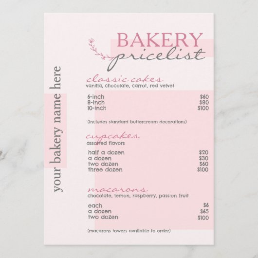Pink Dripography Menu Bakery Tarifs (Devant)
