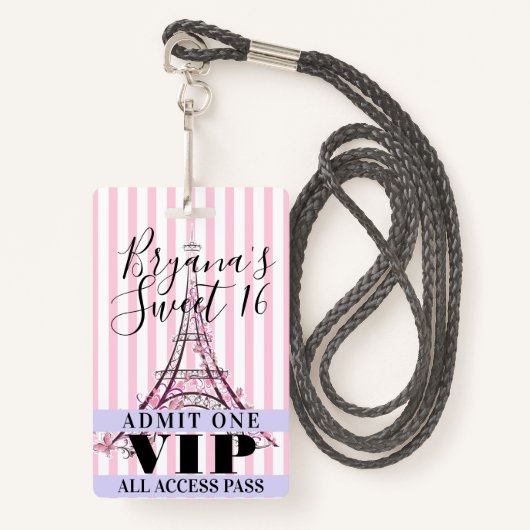Pink Eiffel Tower Sweet 16 Party VIP Pass Badge (Devant avec lanière)