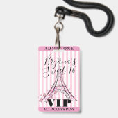 Pink Eiffel Tower Sweet 16 Party VIP Pass Badge (Face avec cordon)