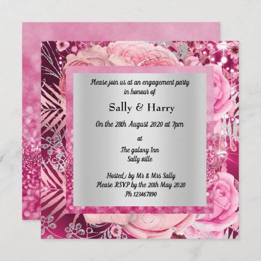 Pink Elegant Bouquet fiançailles invitation (Devant / Derrière)