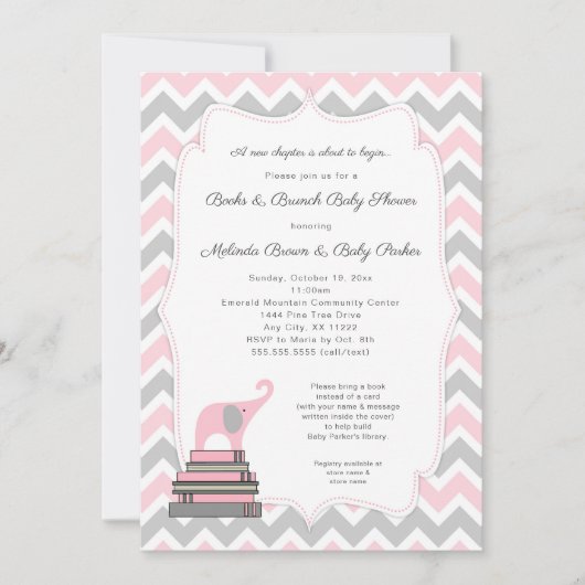 Pink Elephant Book Baby shower, boeken en brunch Kaart (Voorkant)