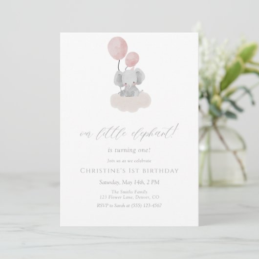Pink Elephant First Birthday Invitation (Debout devant)