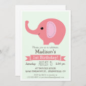 Pink Elephant Girl's verjaardagsfeestje uitnodigin Kaart (Voorkant / Achterkant)