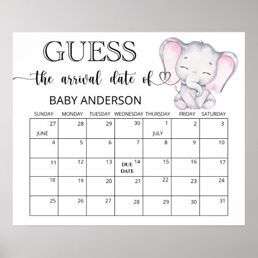 Pink Elephant Guess Due Date Calendar Poster (Devant)
