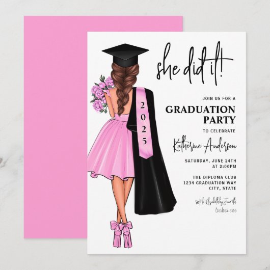 Pink Elle L'A Fait Graduation Party Invitation (Devant / Derrière)
