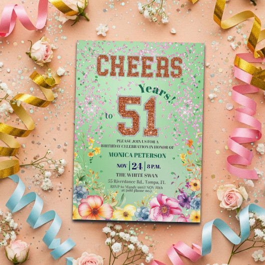 Pink Emerald Glitter Floral 51st Birthday Party Kaart