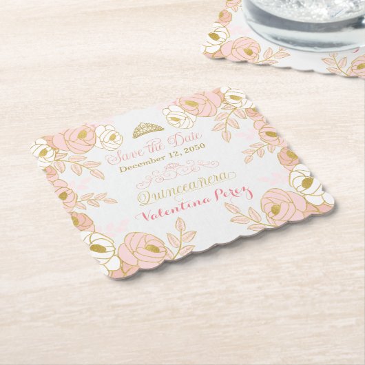 PInk en Goud Bloemen Quinceanera Save the Date Kartonnen Onderzetters (Gebogen)