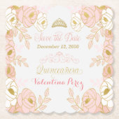 PInk en Goud Bloemen Quinceanera Save the Date Kartonnen Onderzetters (Voorkant)