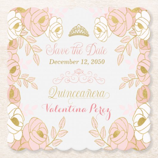 PInk en Goud Bloemen Quinceanera Save the Date Kartonnen Onderzetters (Voorkant)