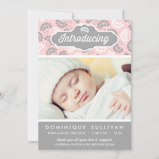 PINK EN GRAY FLORAL PATTERN | GEBOORTEAANKONDIGING AANKONDIGING (Voorkant)